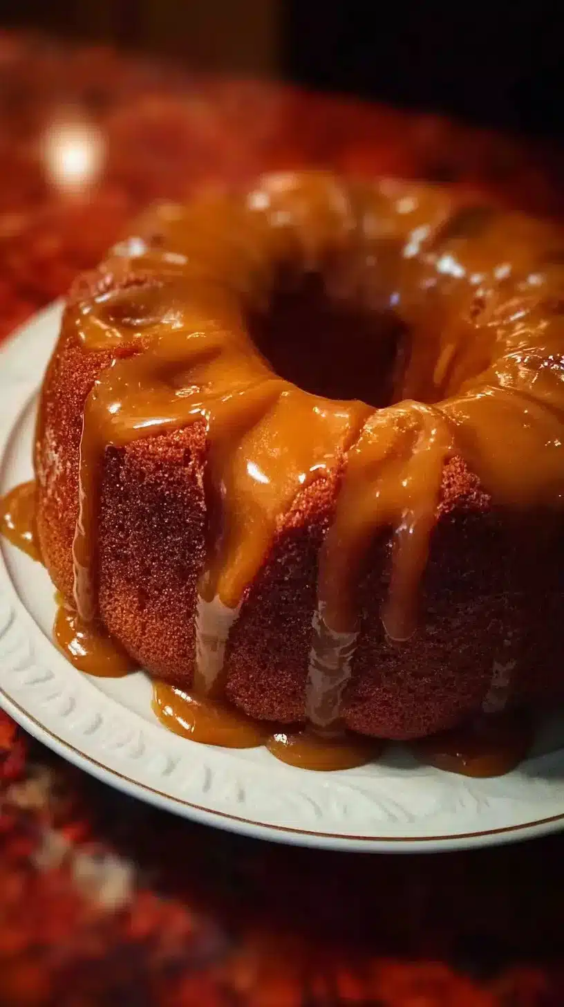 Delicious apple cake topped with a rich caramel glaze on a wooden table