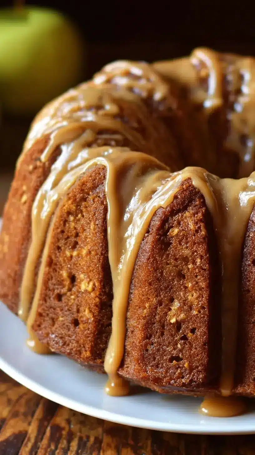 Caramel Apple Bundt Cake 1 Delicious Caramel Apple Bundt Cake topped with caramel drizzle and fresh apples.