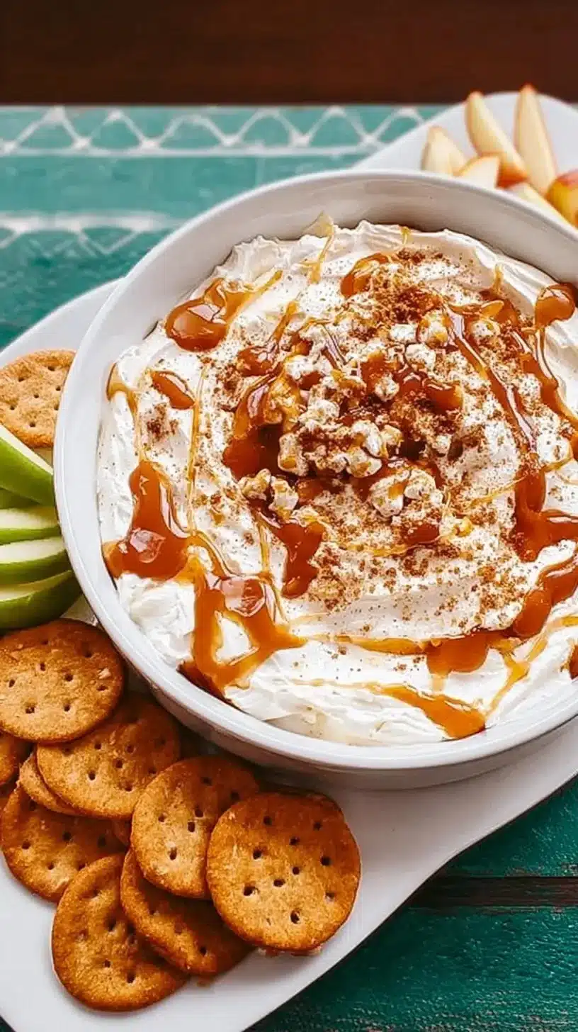 Creamy Caramel Apple Cheesecake Dip served with apple slices