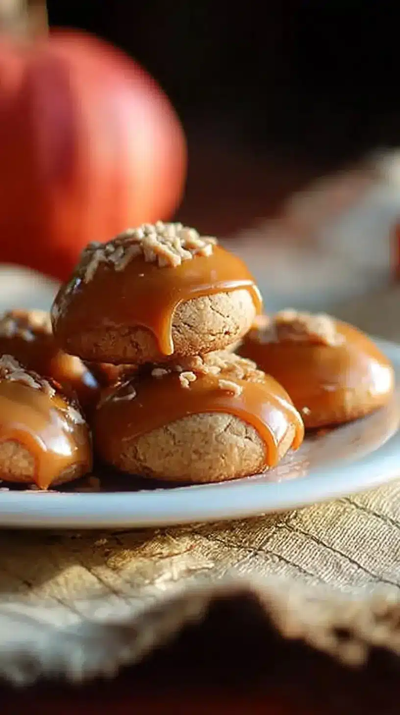 Caramel Apple Cookies 1 Freshly baked caramel apple cookies with chunks of apple and drizzled caramel