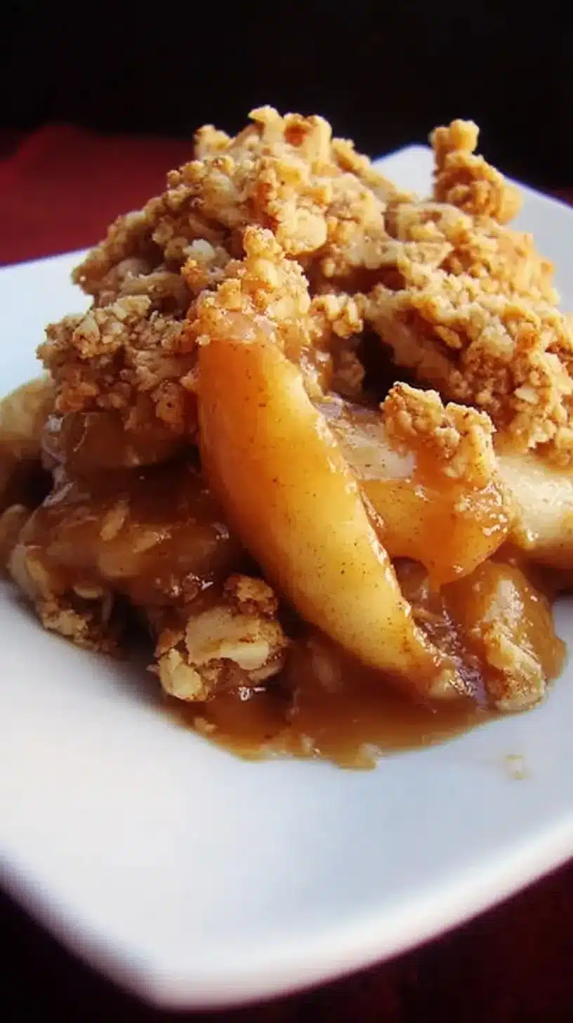 Delicious Caramel-Apple Crisp with caramel drizzle and apple slices