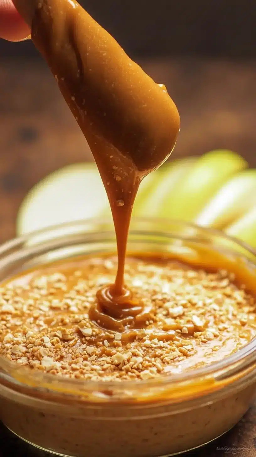 Creamy caramel apple dip served with fresh apple slices for dipping.