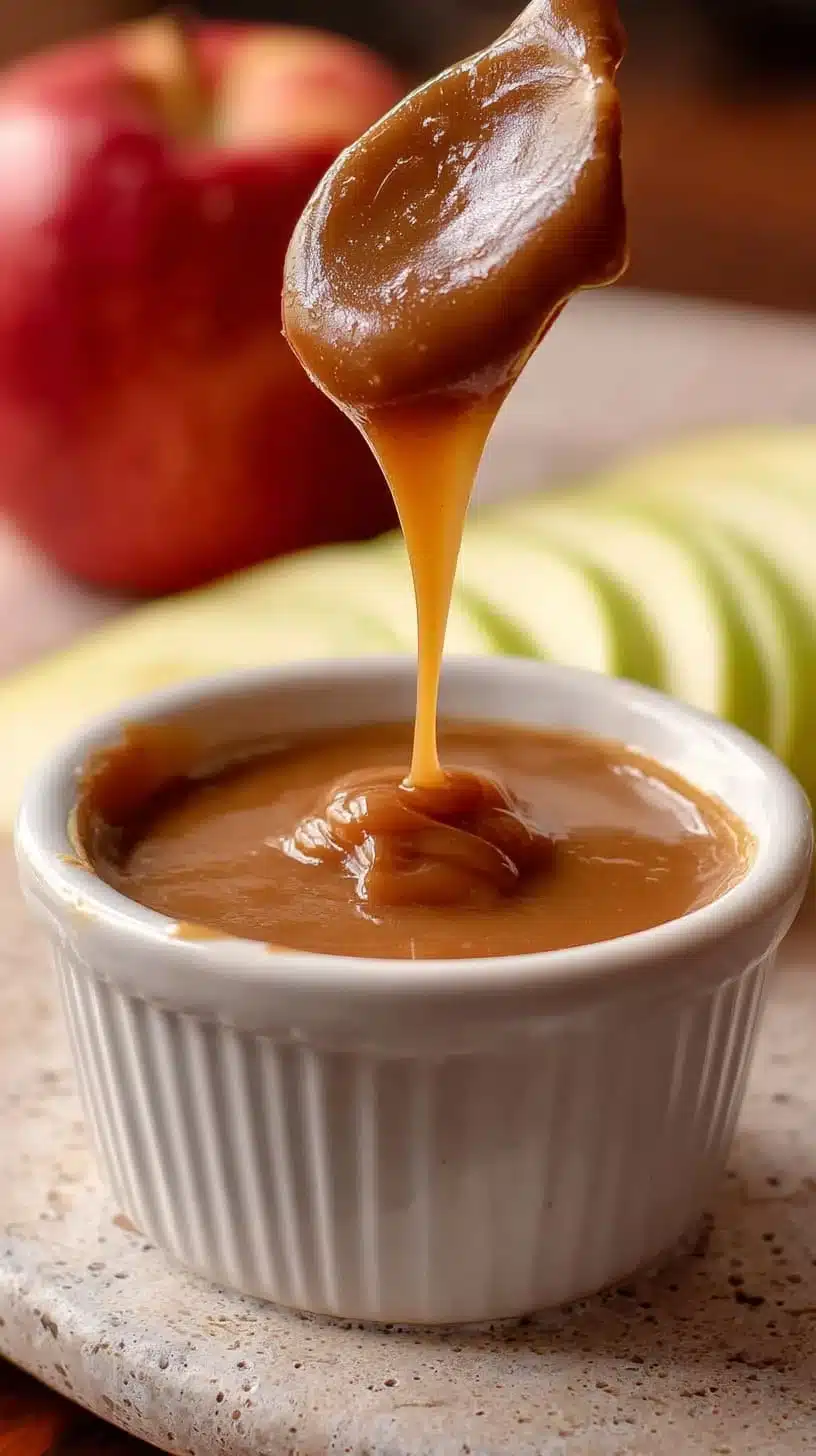 Caramel Apple Dip Recipe (Caramel Dip) 1 Delicious caramel apple dip served with fresh apple slices.