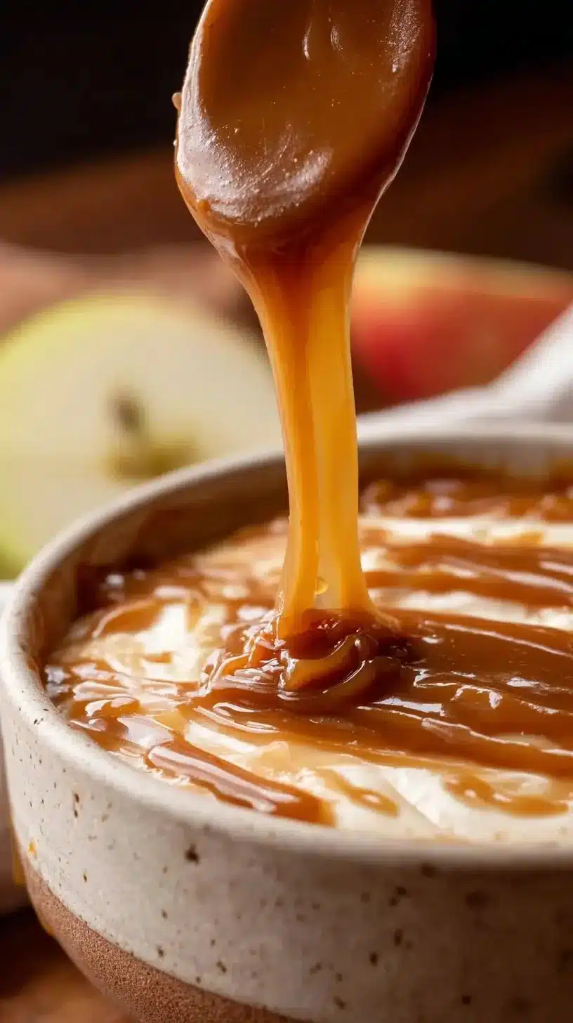 Creamy caramel apple dip served with fresh apple slices.