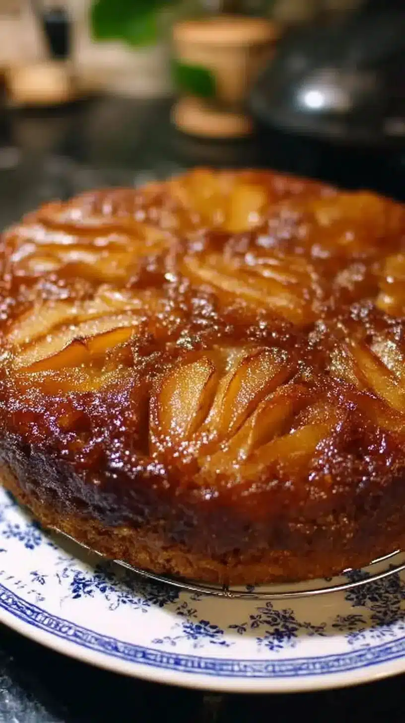 Caramel-Apple Upside-Down Cake 1 Slice of caramel-apple upside-down cake on a plate
