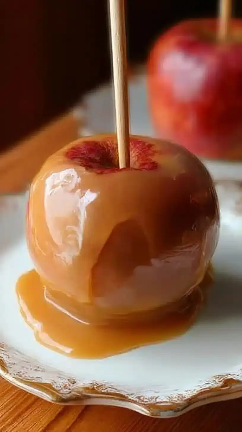 Delicious caramel apples drizzled with rich caramel sauce on a wooden stick.