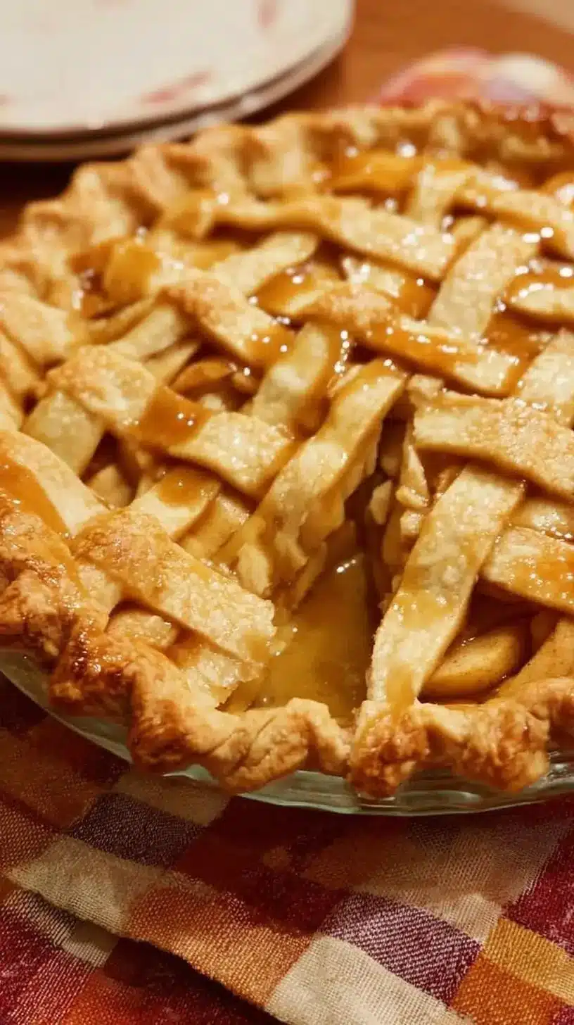 Delicious caramel apple pie with caramel drizzle and fresh apple slices on top