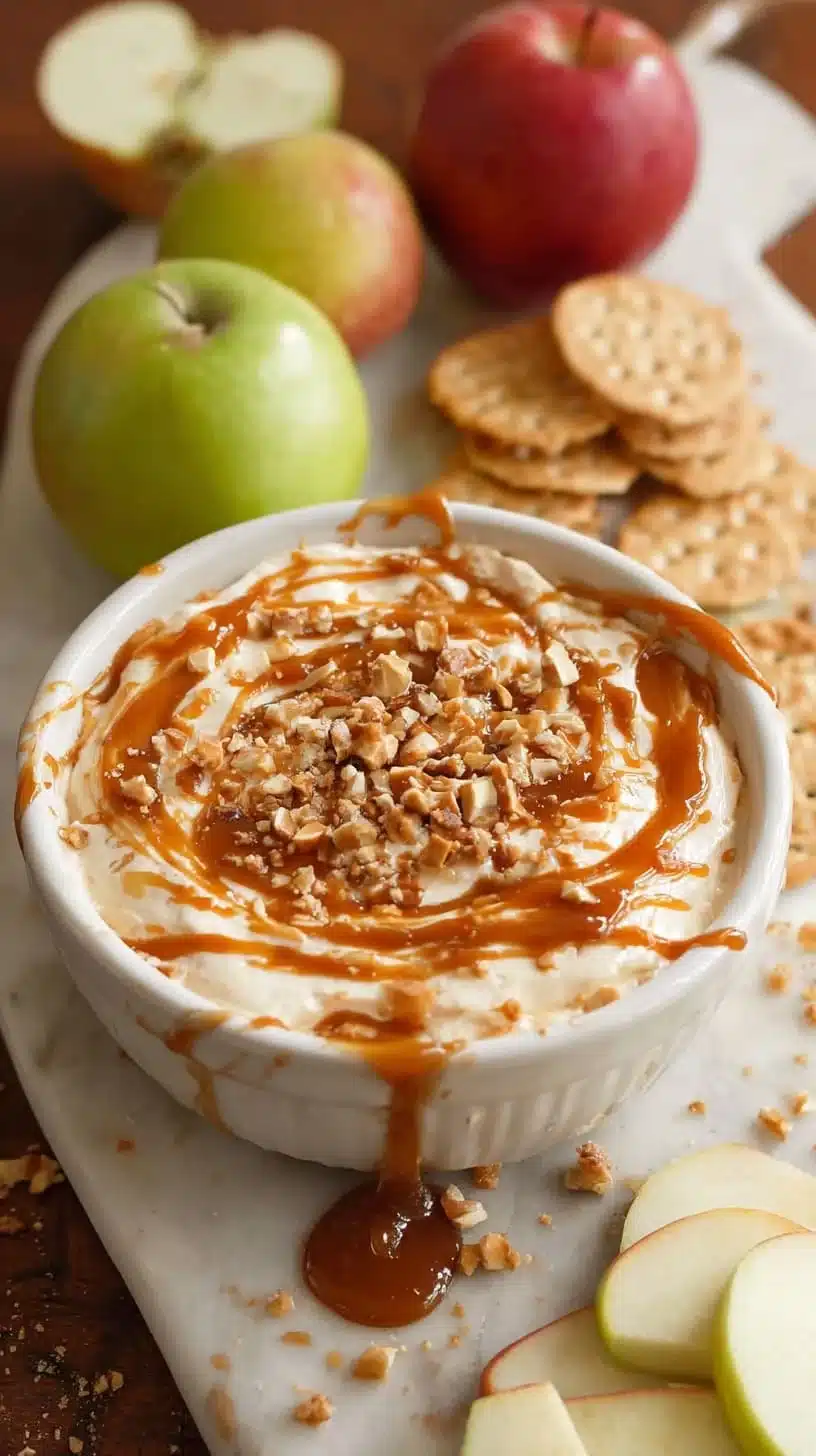 Cream cheese caramel apple dip served with fresh apple slices