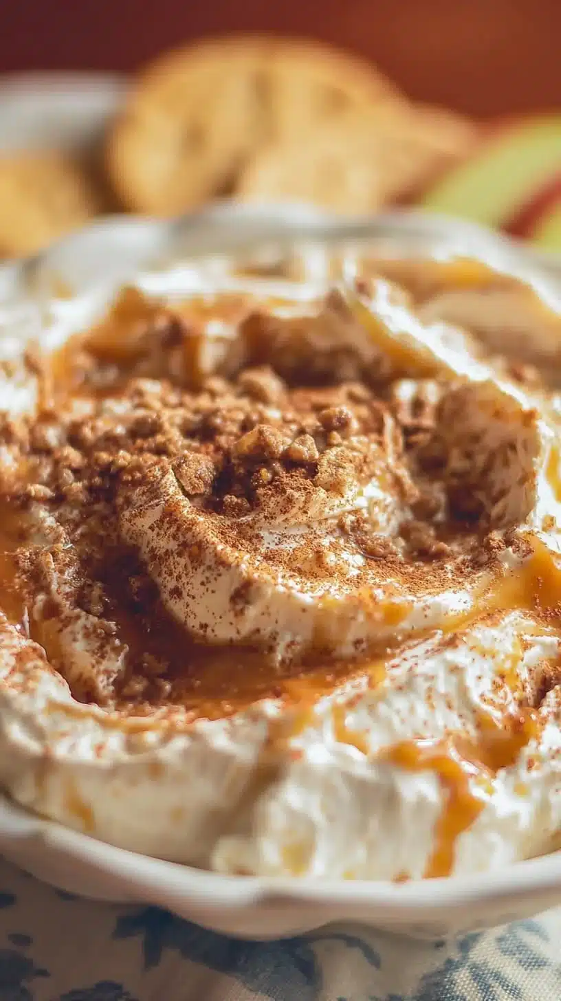 Cream cheese caramel apple dip served with apple slices for dipping