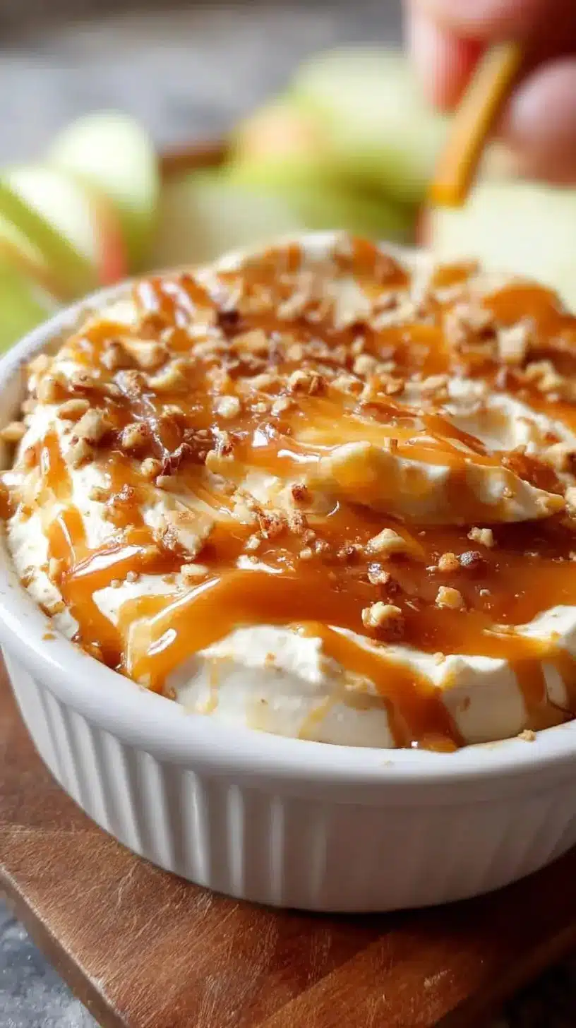 Cream cheese caramel apple dip served in a bowl with apple slices for dipping.