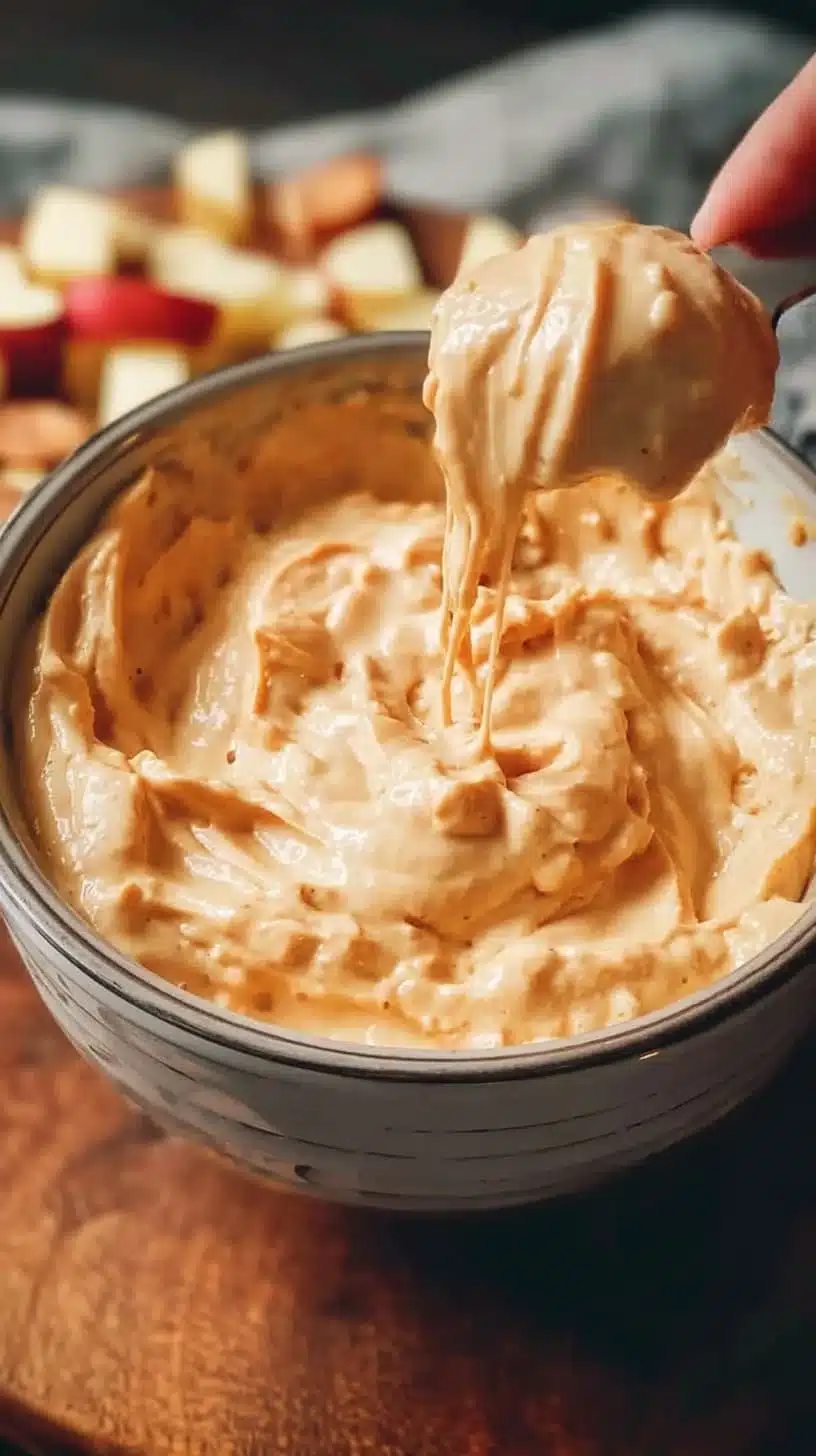 Delicious cream cheese caramel apple dip served with apple slices