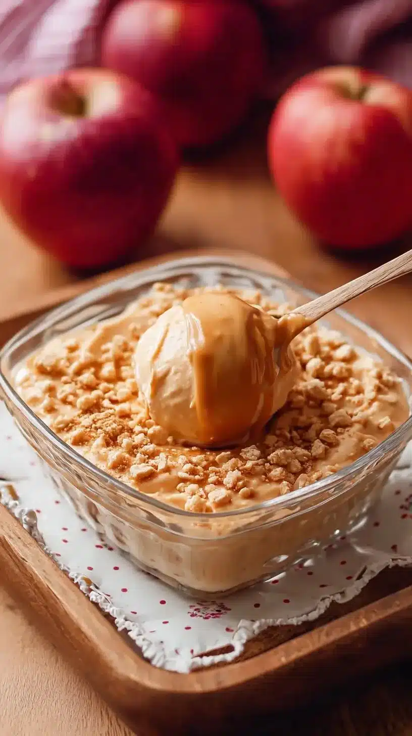 Cream cheese caramel apple dip served with apple slices