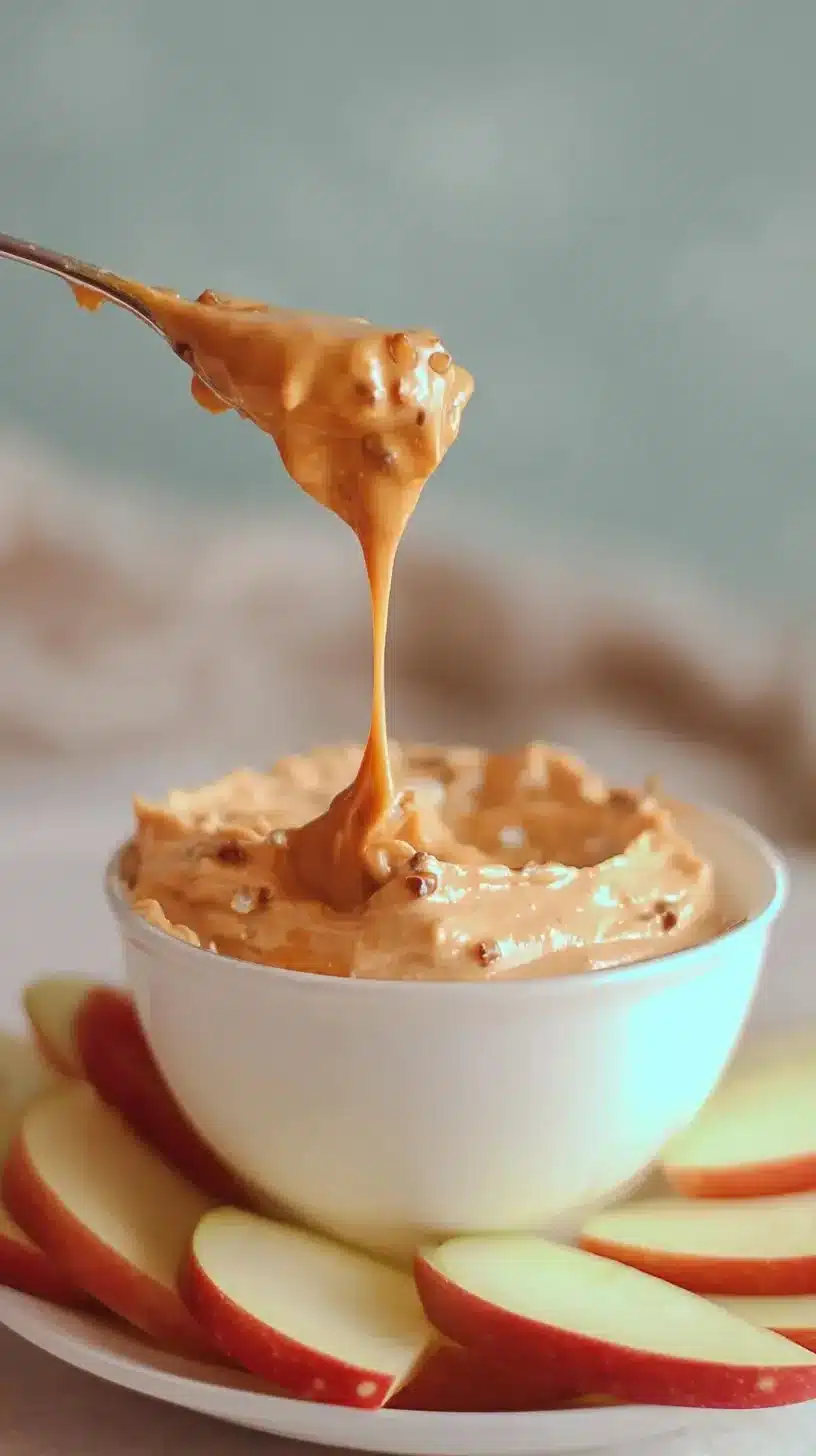 Creamy caramel apple dip served in a bowl with apple slices for dipping