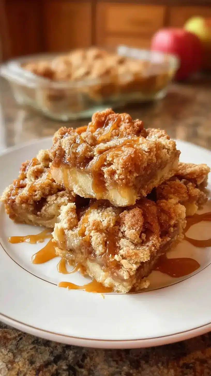 Delicious Easy Caramel Apple Pie Bars topped with caramel drizzle and apples