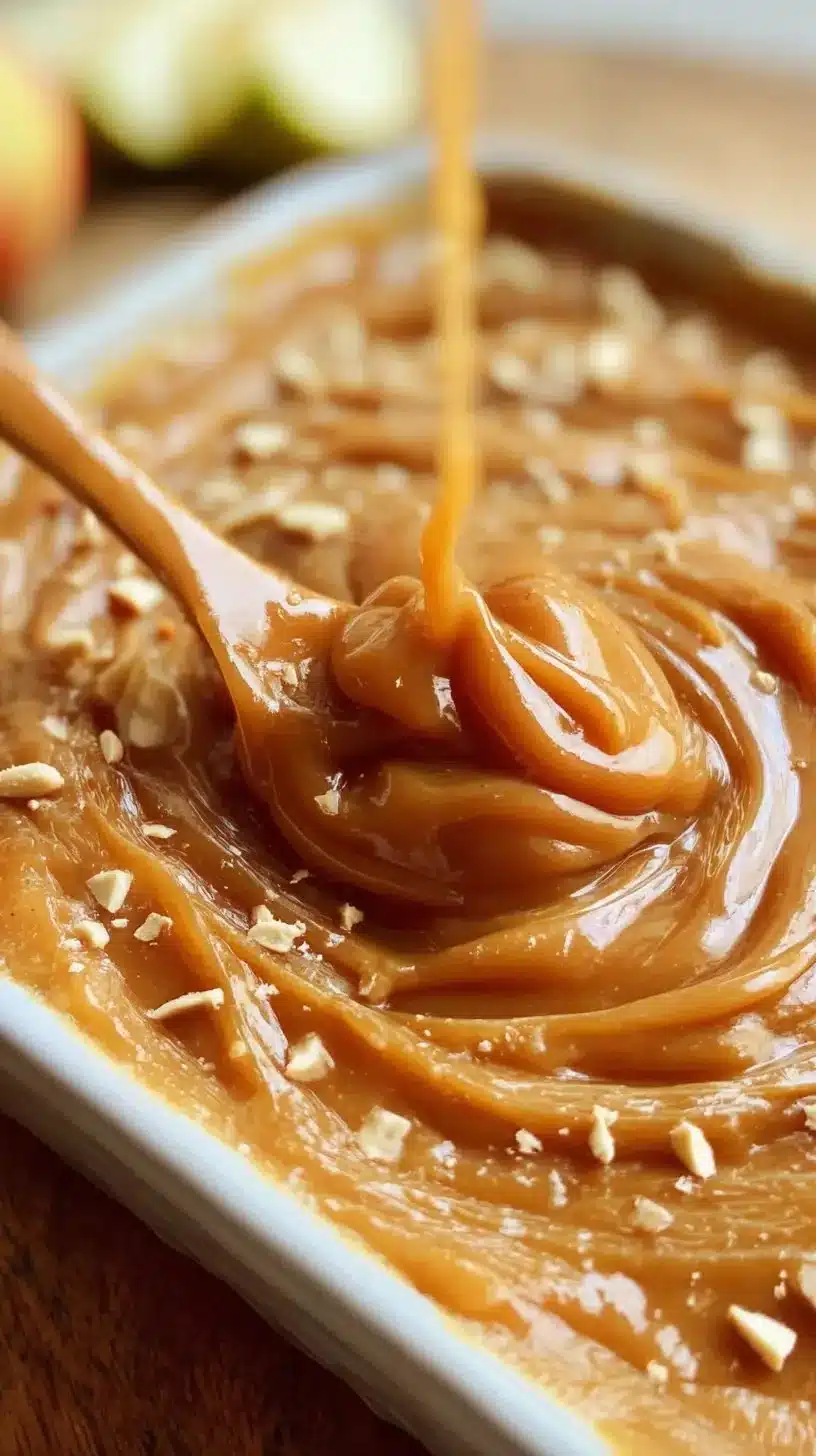 Bowl of easy salted caramel apple dip with sliced apples for dipping