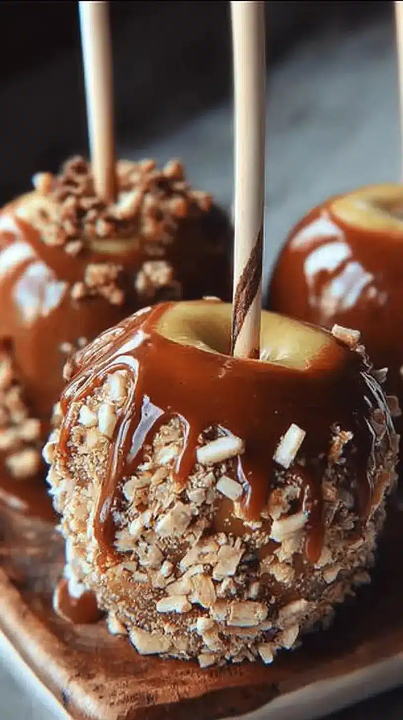 Gourmet caramel apples drizzled with chocolate and sprinkled with nuts.