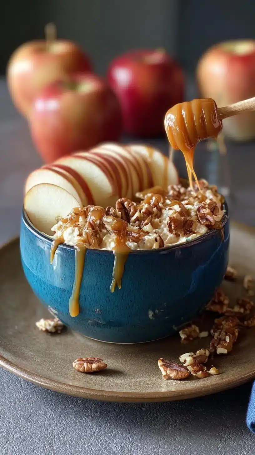 Pecan Topped Salted Caramel Apple Dip served with apple slices