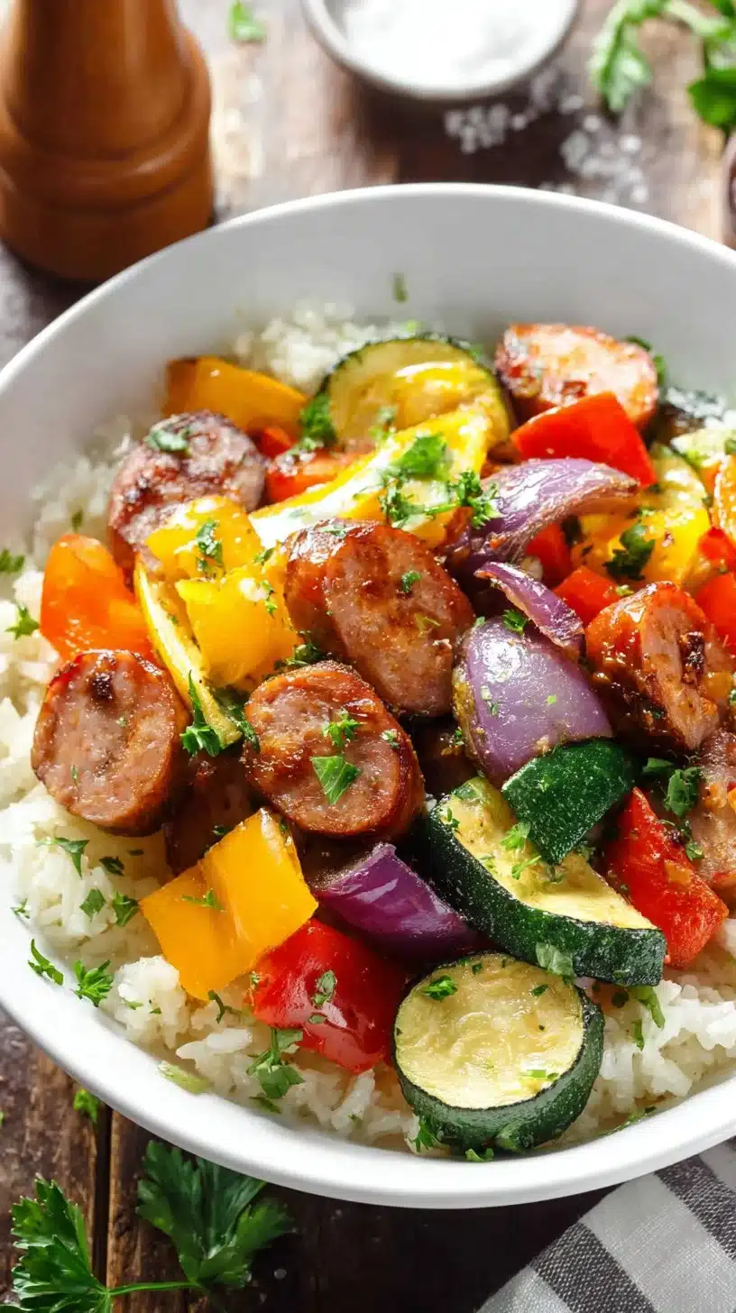 10 Minute Air Fryer Chicken Sausage and Veggies 1 Air fryer chicken sausage and veggies ready to serve in 10 minutes.