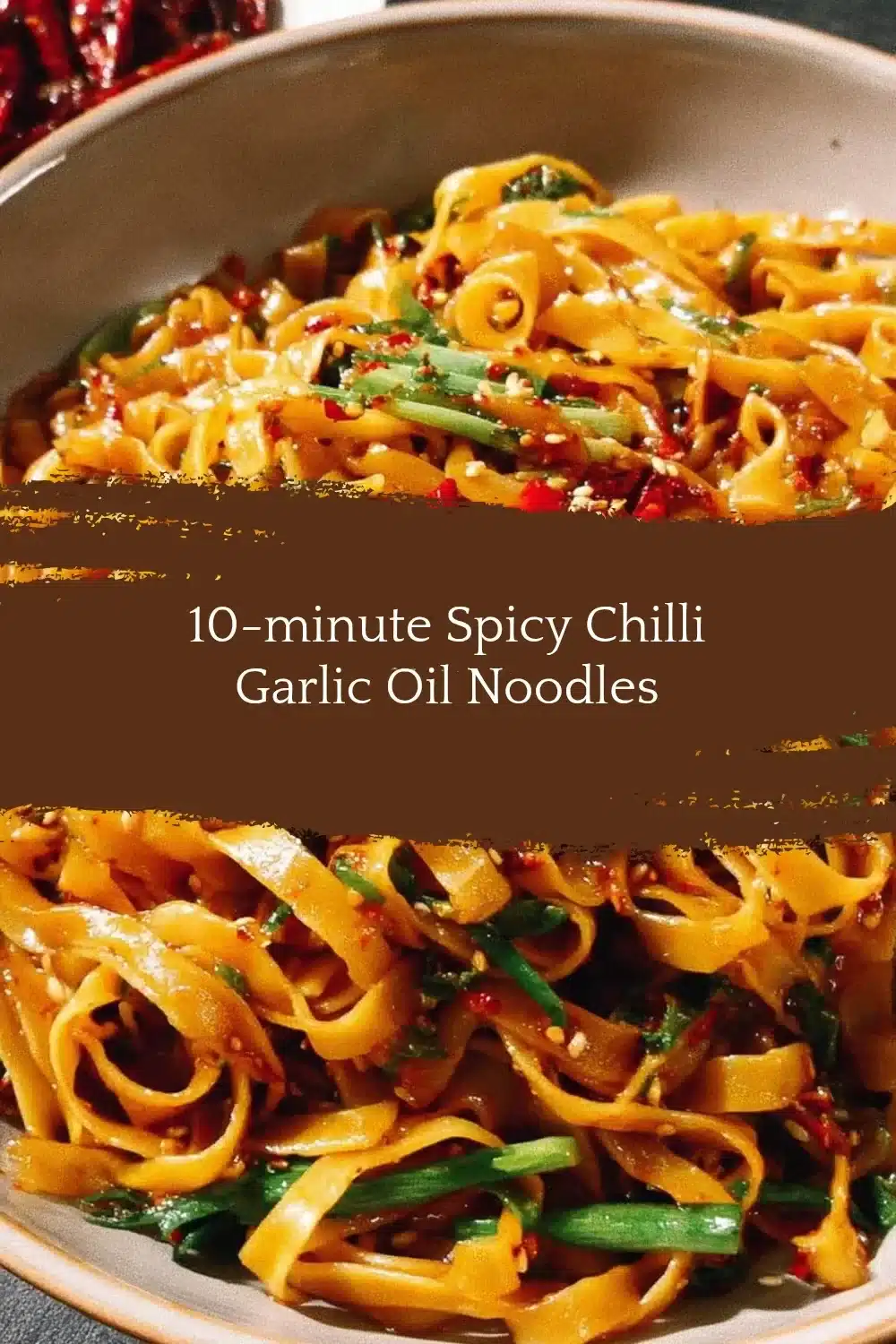 Spicy Chilli Garlic Oil Noodles topped with fresh herbs and chili flakes.