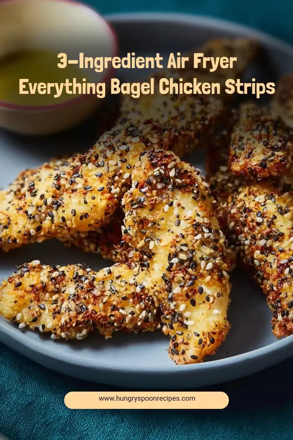 3-Ingredient air fryer chicken strips coated in everything bagel seasoning.