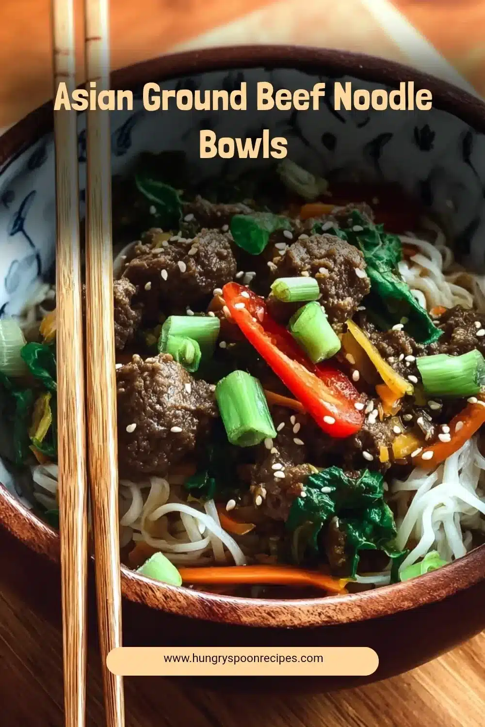 Asian Ground Beef Noodle Bowls 1 Delicious Asian ground beef noodle bowls garnished with fresh vegetables.