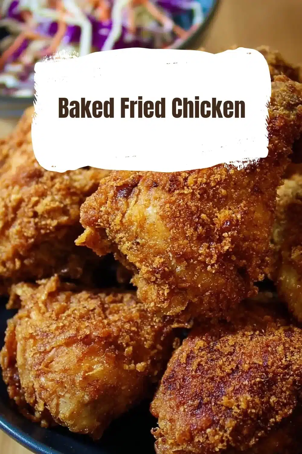 Baked Fried Chicken 1 Crispy baked fried chicken served on a platter with dipping sauces.