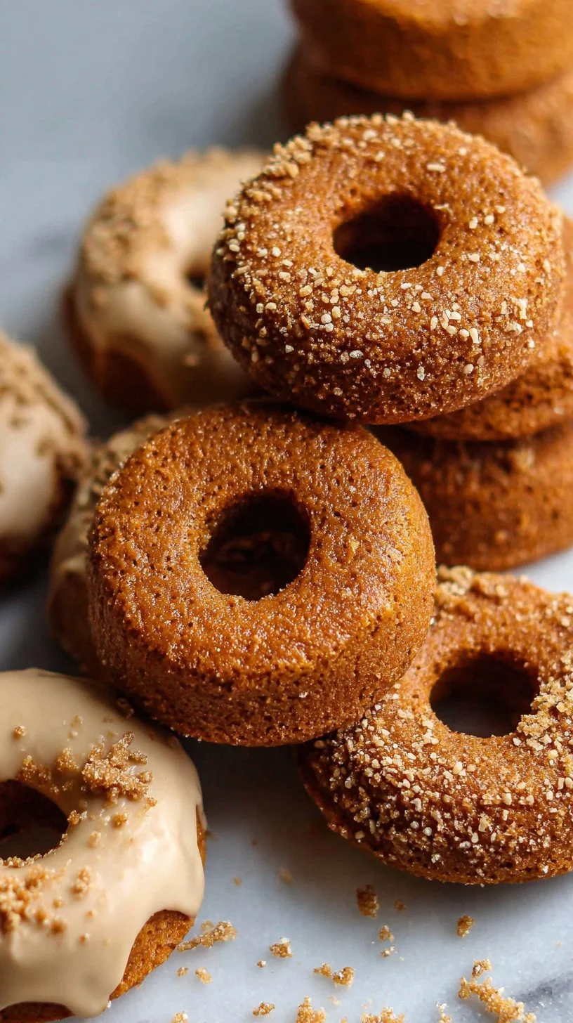 Delicious baked pumpkin donuts on a rustic wooden table