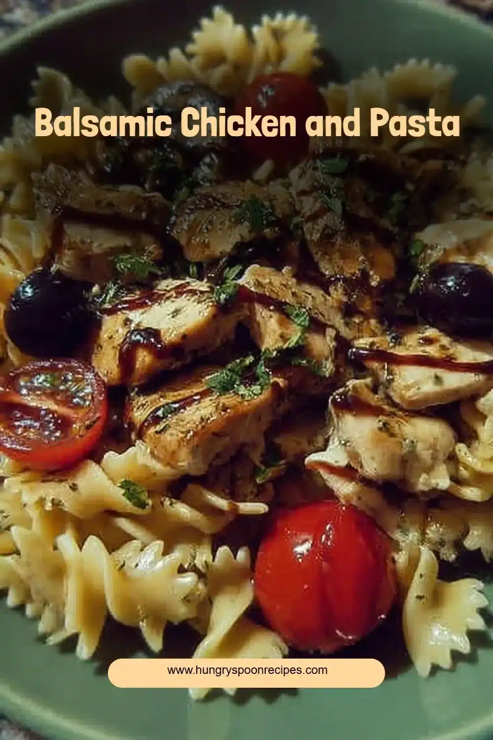 Balsamic Chicken and Pasta 1 Delicious plate of balsamic chicken served with pasta and fresh herbs.