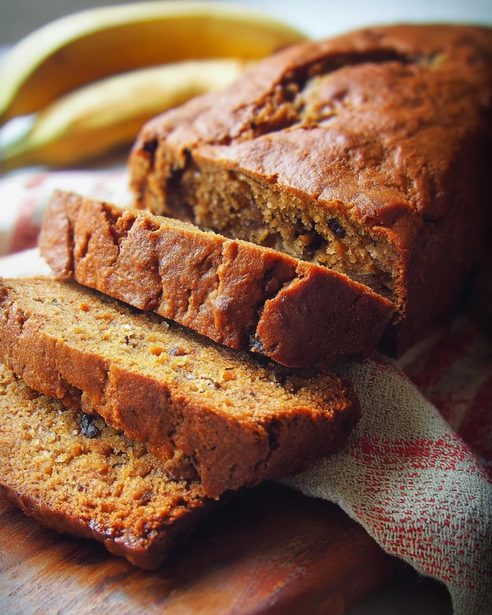 Deliciously moist banana banana bread loaf with ripe bananas