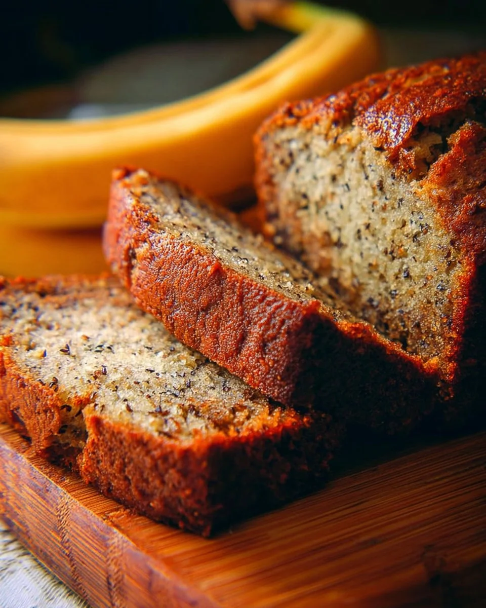 Delicious slice of banana banana bread with bananas on top