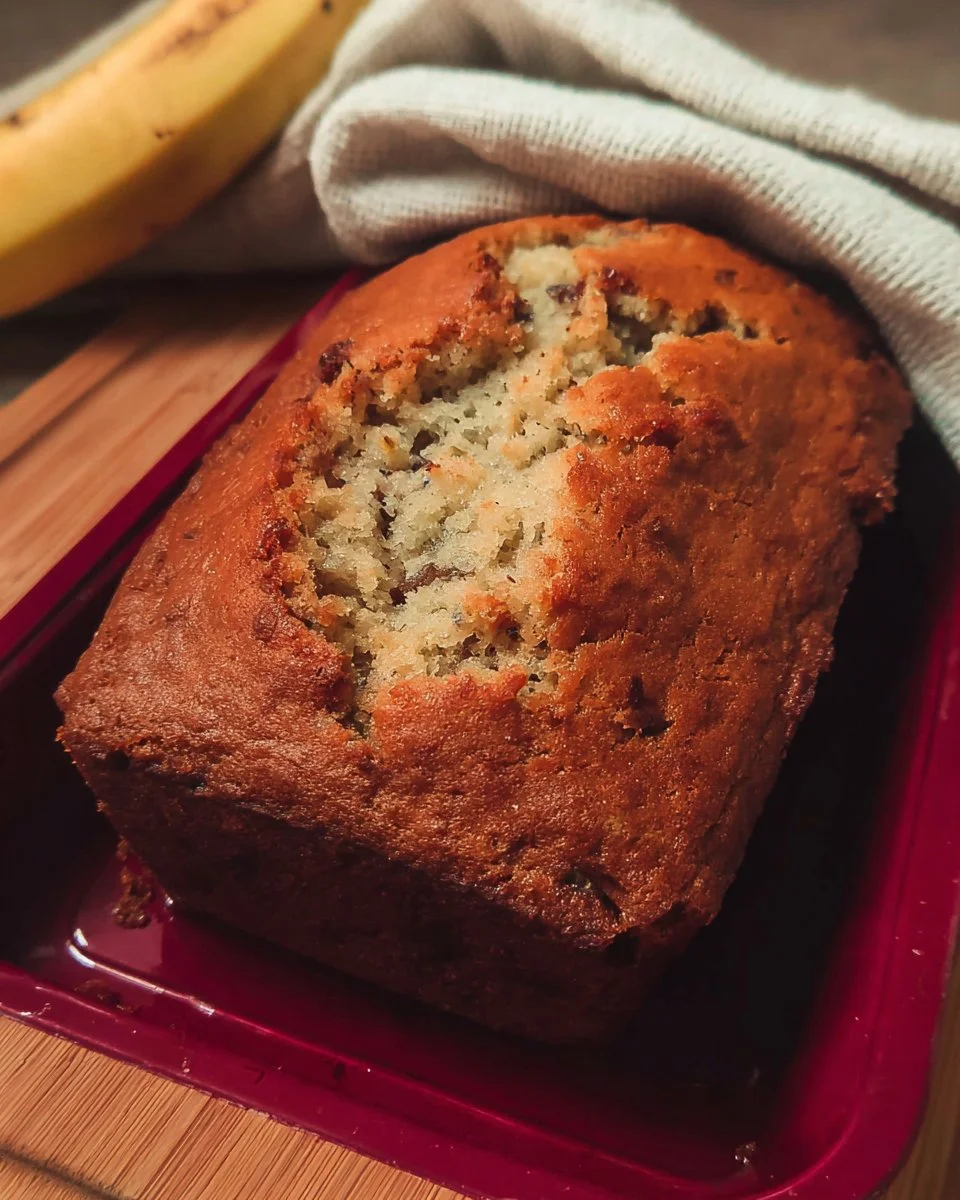 Freshly baked banana bread loaf on a wooden table