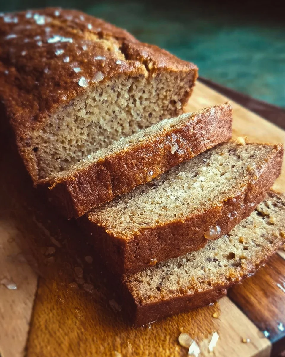 Sliced banana bread with banana slices on a wooden table
