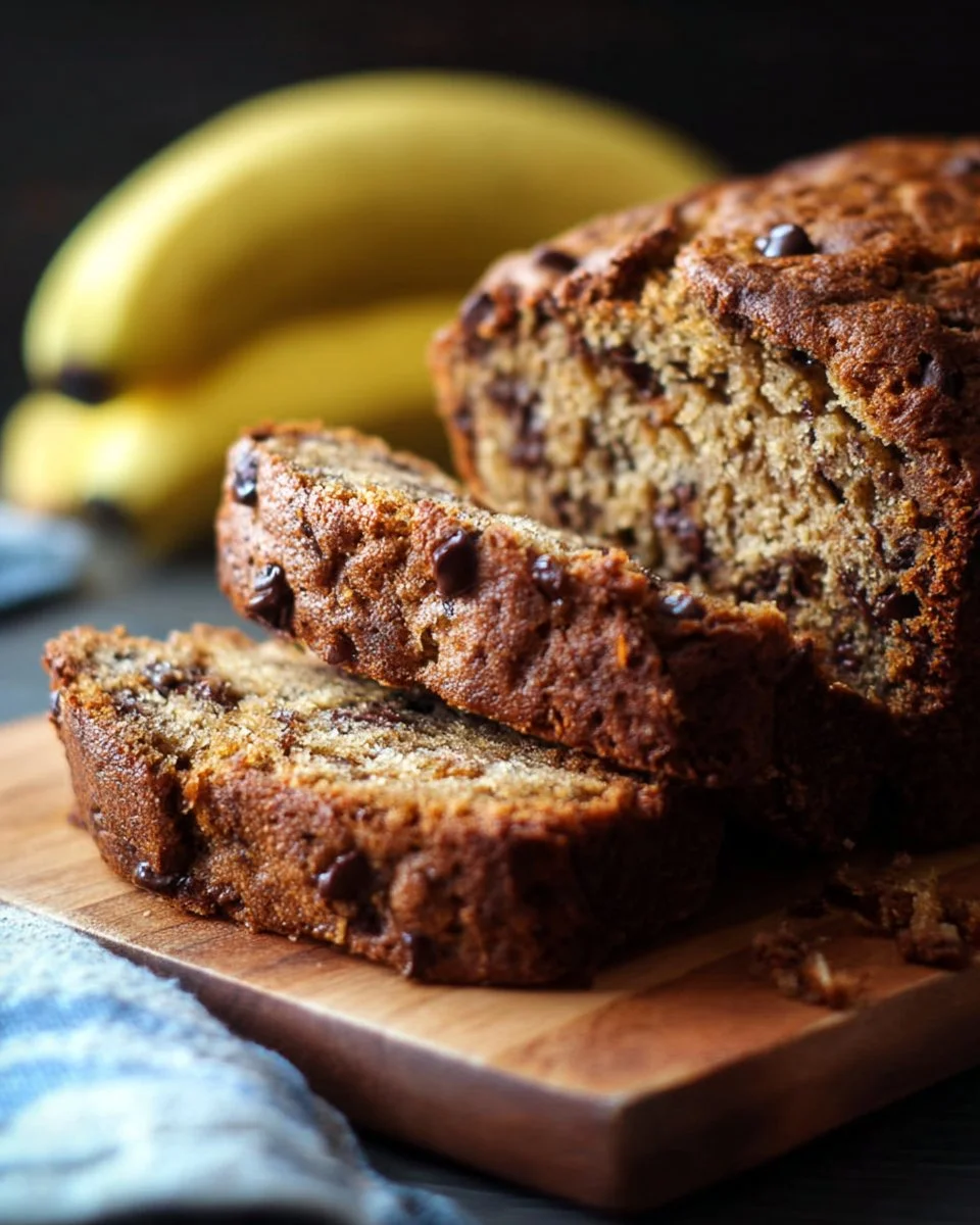 Delicious homemade banana bread sliced and ready to enjoy on a wooden table