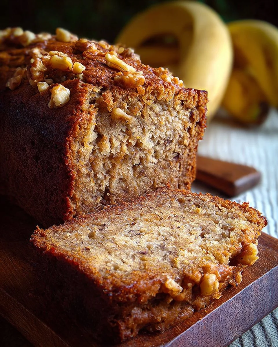Delicious slice of homemade banana bread with walnuts