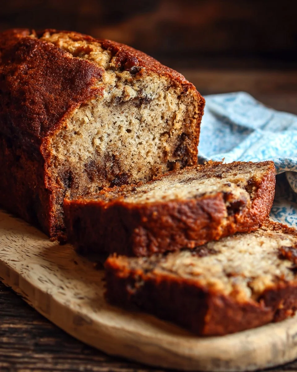 Freshly baked banana bread sliced on a wooden cutting board