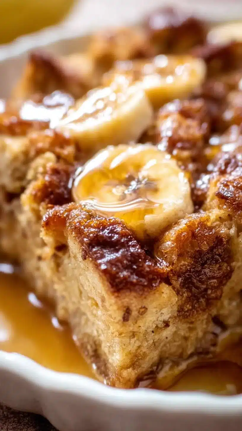 Banana Bread Pudding 1 Delicious Banana Bread Pudding served with a creamy sauce and banana slices
