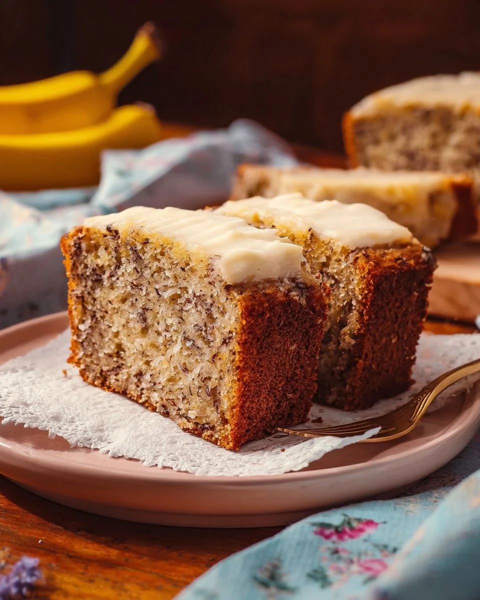 Delicious banana cake slice on a plate with banana slices