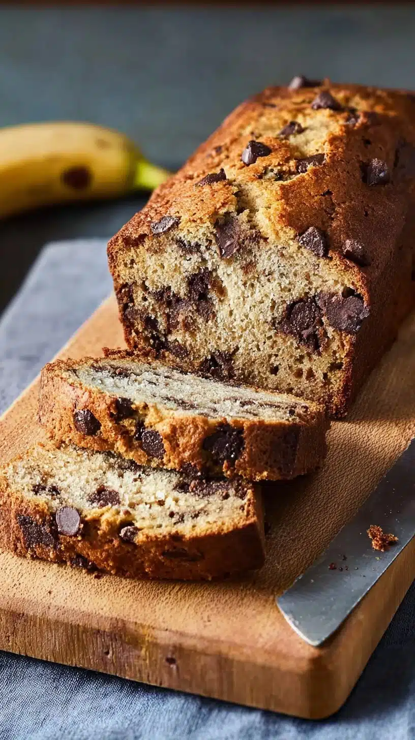 Banana Chocolate Chip Bread 1 Loaf of freshly baked banana chocolate chip bread topped with chocolate chips