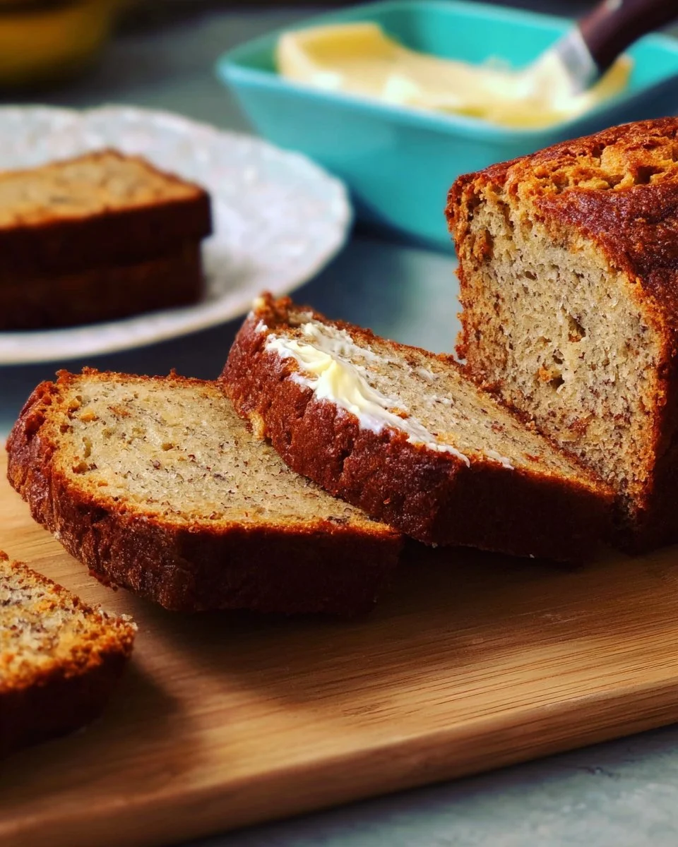 Freshly baked banana loaf on a wooden cutting board with slices