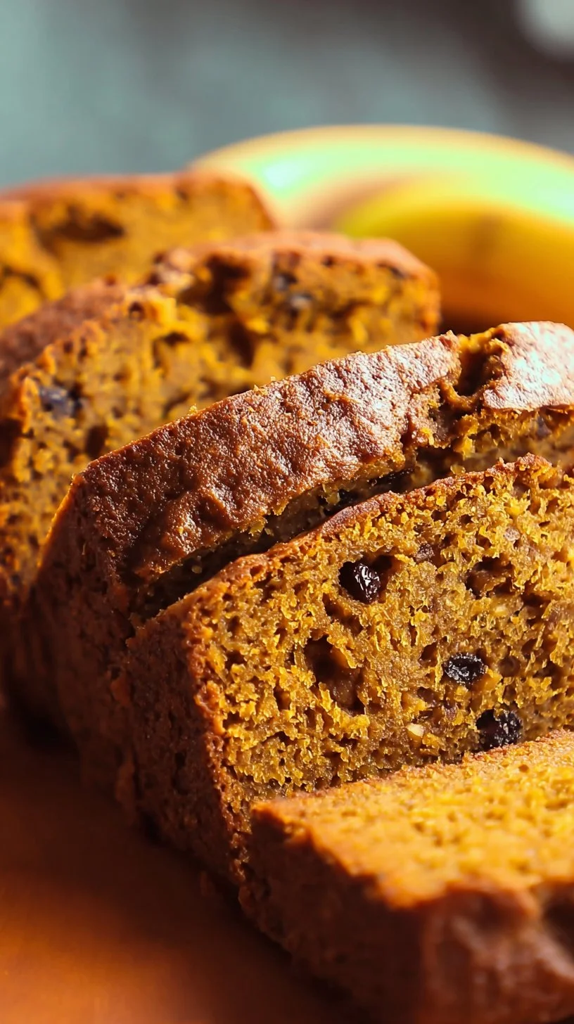 Freshly baked Banana Pumpkin Bread loaf on a wooden table