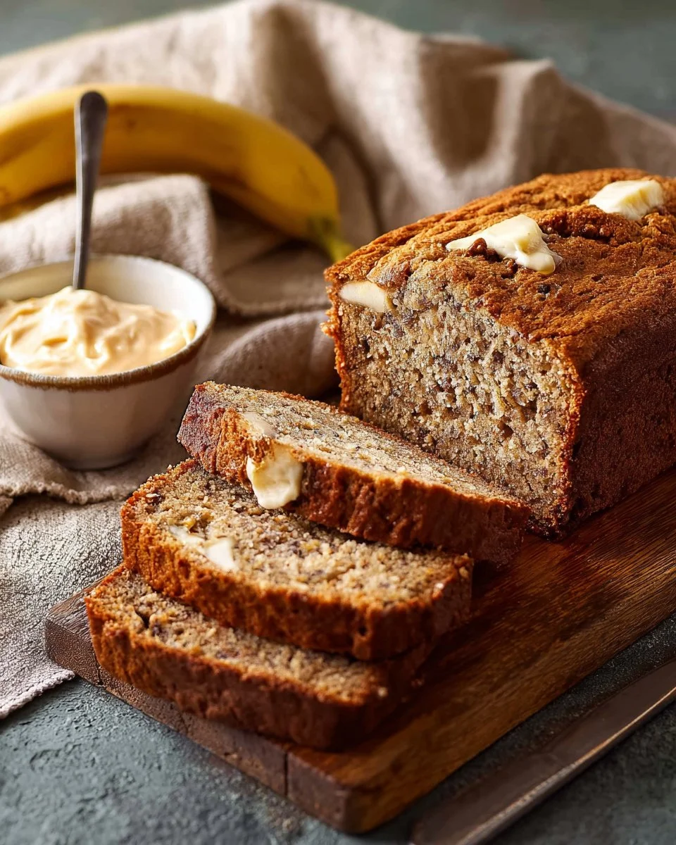 Slice of Banana Sour Cream Bread with ripe bananas on a wooden table