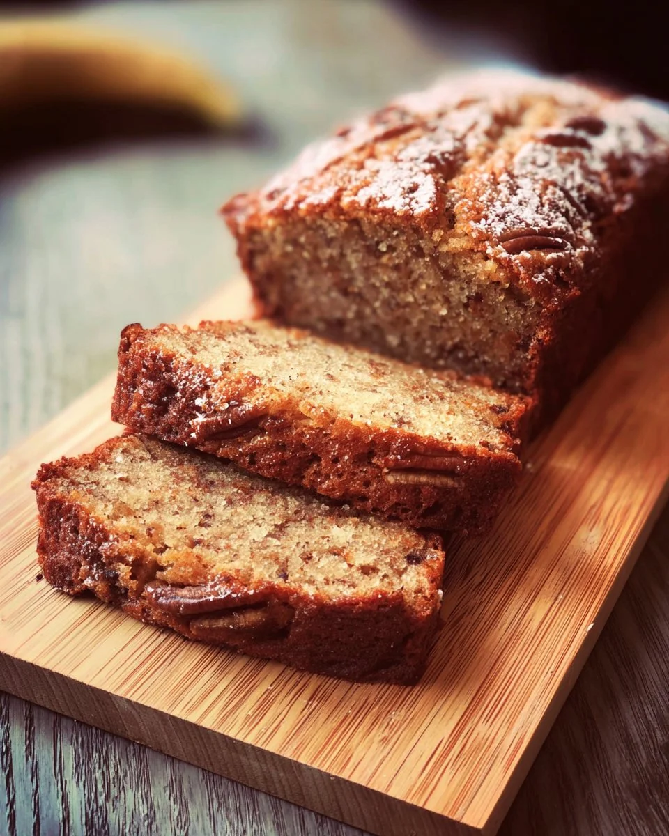 Delicious slice of Banana Sour Cream Bread served on a wooden table