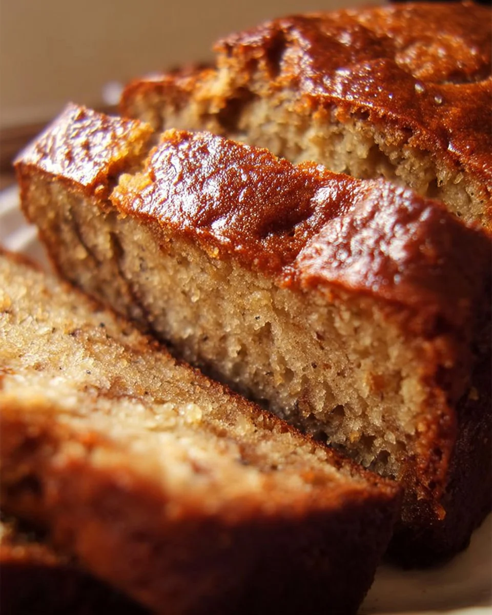 Loaf of banana sour cream bread on a wooden table with slices cut