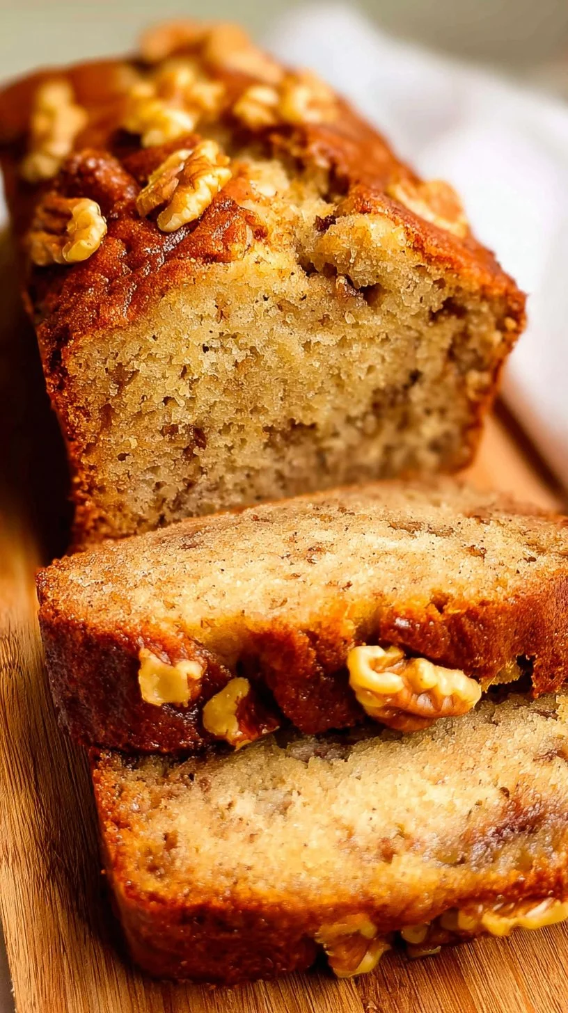 Delicious banana walnut bread fresh out of the oven, topped with walnuts.