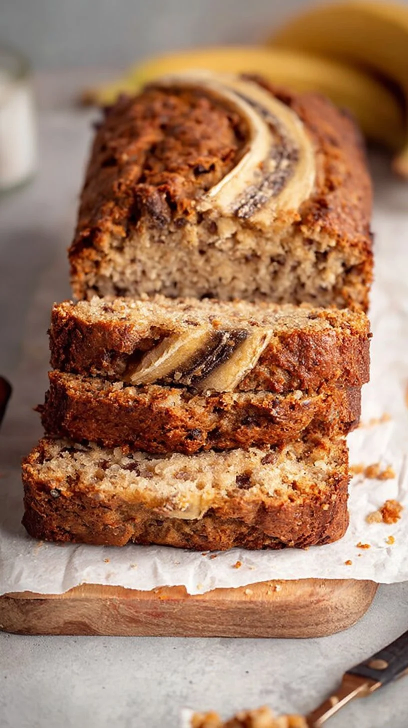 Delicious slice of healthy banana bread on a wooden table.