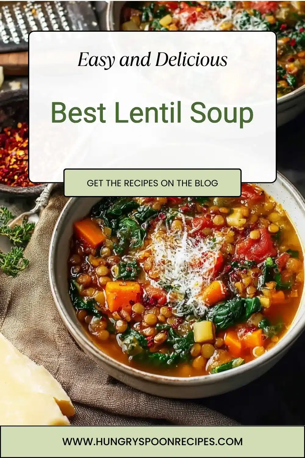 Bowl of the best lentil soup with fresh herbs and vegetables