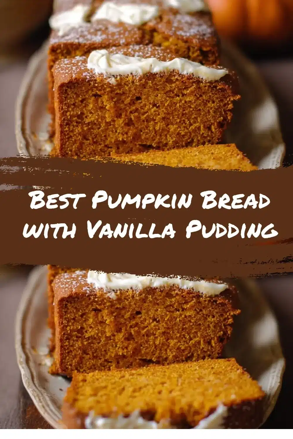 Delicious homemade pumpkin bread topped with vanilla pudding