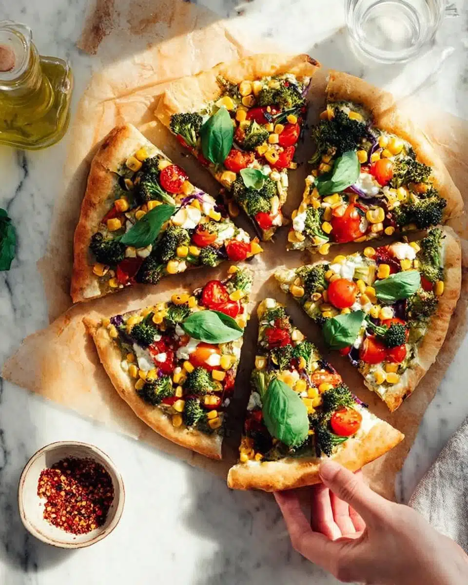 Delicious vegan pizza topped with fresh vegetables and dairy-free cheese