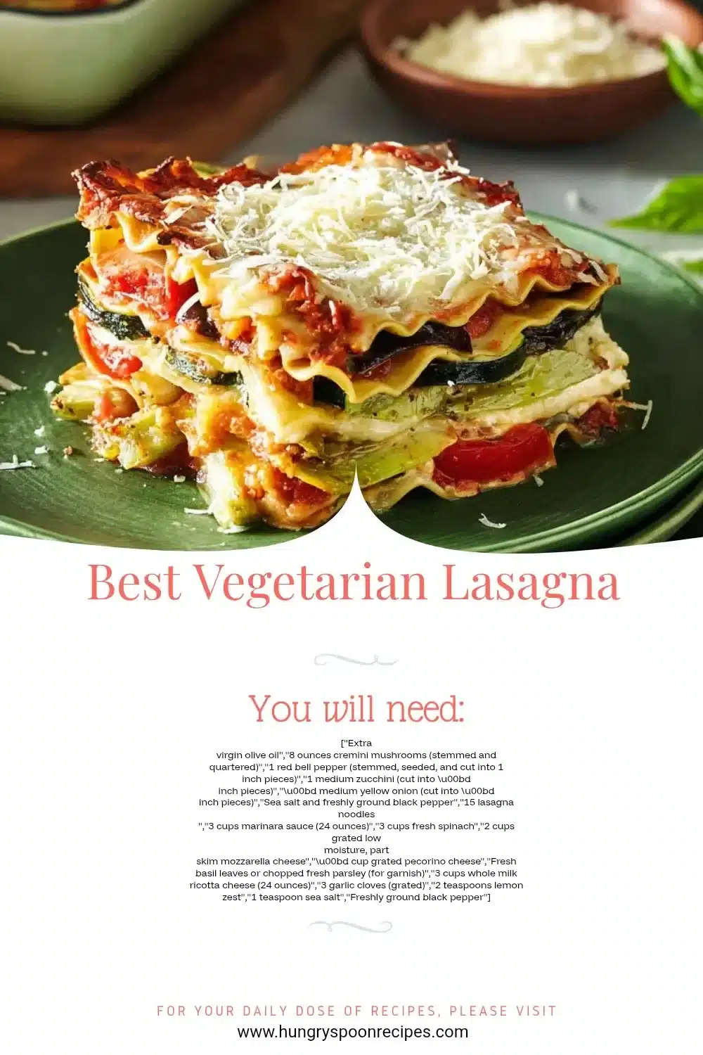 Delicious homemade vegetarian lasagna with layers of vegetables and cheese.