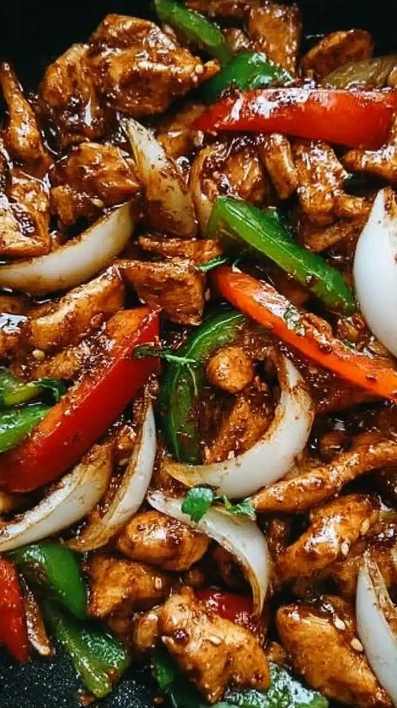 Black Pepper Chicken 1 Delicious black pepper chicken served with vegetables and rice on a plate